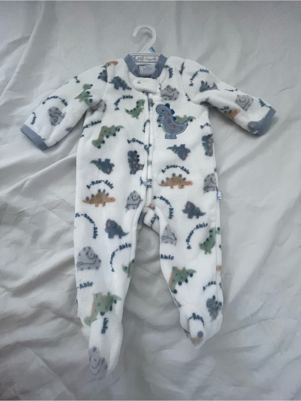 White Fleece Dinosaur Footed One-Piece for Kids by Little & Loved 0-3 months